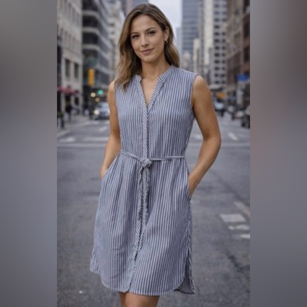 Tahari Linen-blend Striped Sleeveless Tie-Waist Dress